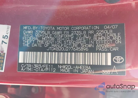 2007 Toyota Prius z USA, uszkodzony, nr VIN JTDKB20U277645896